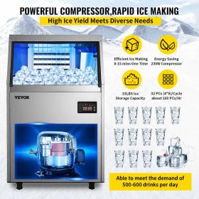 VEVOR 110V Commercial Ice Maker 80-90lbs/24H with 33lbs Bin, Full Heavy Duty Stainless Steel Construction, Automatic Operation, Clear Cube for Home Bar, Include Water Filter, Scoop, Connection Hose