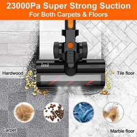 Cordless Vacuum Cleaner 23Kpa Strong Suction, Stick Vacuum with 45min Max Long Runtime Detachable Battery, Extra Large Dustbin, Powerful Brushless Motor, Ultra Quiet Lightweight - INSE S600