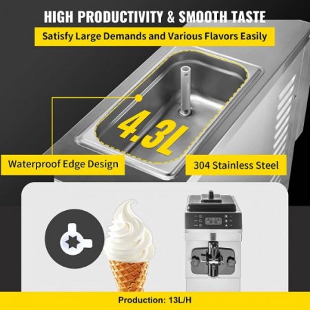 VEVOR Commercial Soft Ice Cream Machine 13 L/H (3.4 Gal/H),Ice Cream Machine Single-Flavor,Gelato Machine Commercial 1200W Countertop Commercial Yogurt Maker Machine,With LED Intelligent Panel