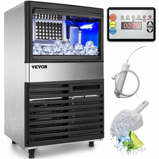 VEVOR 110V Commercial Ice Maker 110 lbs/24h with 44 lbs Bin, Clear Cube, LED Panel, Stainless Steel, Auto Clean, Include Water Filter, Scoop, Connection Hose, Professional Refrigeration Equipment