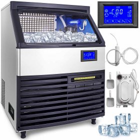 VEVOR 110V Commercial Ice Maker 440lbs/24H,77lbs Storage Bin,ETL Approved,Clear Cube,Advanced LCD Panel,SECOP Compressor,Air Cooled,Blue Light,Electric Water Drain Pump,Water Filter,2Scoops