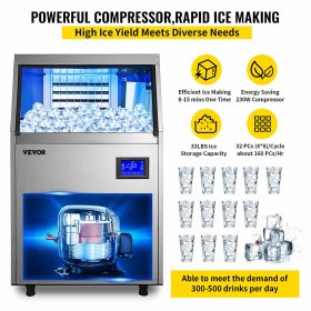 VEVOR 110V Commercial Ice Maker 80 - 90 lbs. Per 24 Hours, 33 lbs. Storage Bin, Clear Cube, Advanced LCD Panel, Auto Operation, Blue Light, Fully Upgrade, Include Electric Water Drain Pump, Water Filter, 2 Scoops