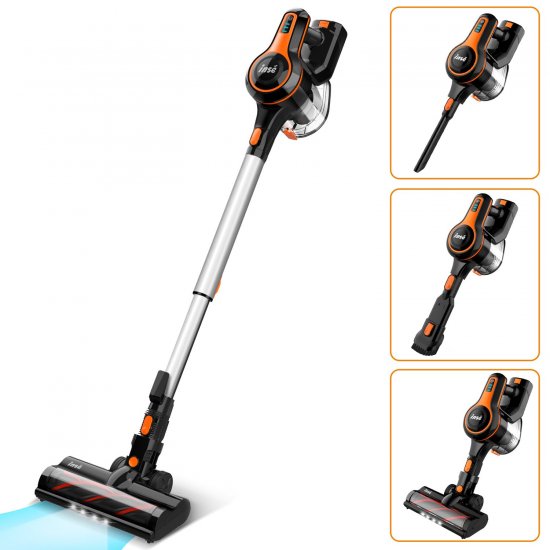 INSE Cordless Vacuum Cleaner, 6-in-1 Stick Vacuum Cleaner with Detachable Battery, 23Kpa Strong Suction, Extra Large Dustbin, Powerful Brushless Motor, Ultra Quiet Lightweight, Orange