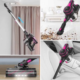 INSE Cordless Stick Vacuum Cleaner with Quiet Rechargeable Battery, 6-in-1 Lightweight Handheld Vacuum Cleaner for Home Hard Floor Carpet Pet Hair Car, Red