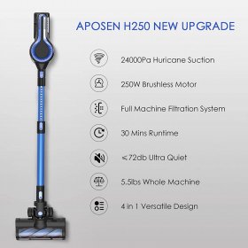 Aposen 4 in 1 Stick Vacuum Cleaner, Cordless Vacuum with Flexible LED Brush Head, 24Kpa Power Suction, Rich Accessories, Blue