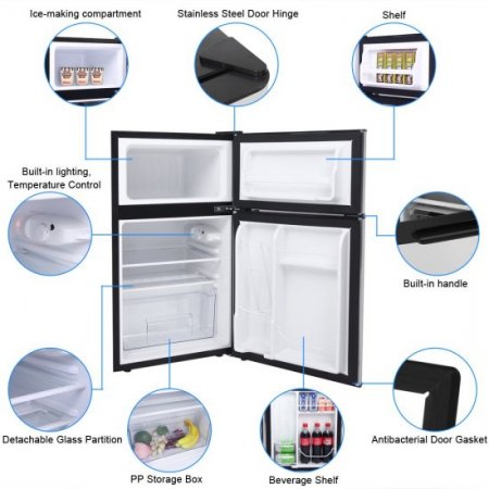 Mini Refrigerator with Freezer, Double Door Mini Fridge, 90L/3.2CU.FT Compact Refrigerator with Remove Glass Shelves, Small Drink Food Storage Machine for Dorm, Garage, Camper, Basement, Office, I8721