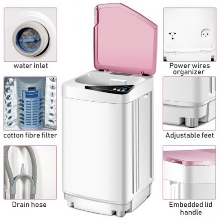 Full-Automatic Washing Machine 10 lbs Washer, Spinner Germicidal UV, White & Light Pink