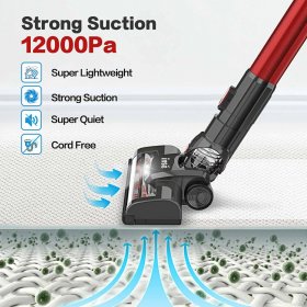 INSE Cordless Stick Vacuum Cleaner, 12KPa Powerful Suction 4-in-1 Handheld Lightweight Vacuum Cleaner for Home Hard Floor Carpet Pet Hair, Red