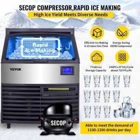 VEVOR 110V Commercial Ice Maker 440lbs/24H,77lbs Storage Bin,ETL Approved,Clear Cube,Advanced LCD Panel,SECOP Compressor,Air Cooled,Blue Light,Electric Water Drain Pump,Water Filter,2Scoops