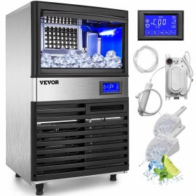 VEVOR 110V Commercial ice Maker 155lbs/24h with 44lbs Bin and Electric Water Drain Pump, Clear Cube, Stainless Steel Construction, Auto Operation, Include Water Filter 2 Scoops and Connection Hose