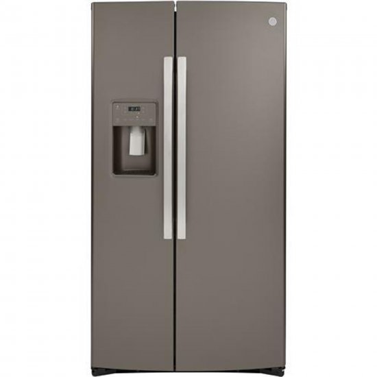 GE GZS22IMNES 36\"\" Counter-Depth Side-by-Side Refrigerator with 21.8 cu. ft. Capacity External Ice and Water Dispenser and 2 Refrigerator Glass Shelves in Slate