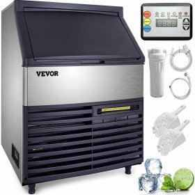 VEVOR 110V Commercial Ice Maker 265lbs/24H, Clear Cube LED Panel, Stainless Steel, Air Cooling, ETL Approved, Professional Refrigeration Equipment, Include Scoop and Connection Hose