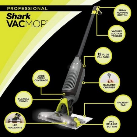 Shark VM252 VACMOP Pro Cordless Hard Floor Vacuum Mop - LED Headlights - 4 Disposable Pads - 12 fl oz. Cleaning Solution - Charcoal Gray