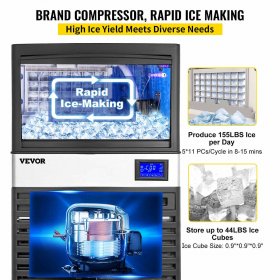 VEVOR 110V Commercial ice Maker 155lbs/24h with 44lbs Bin and Electric Water Drain Pump, Clear Cube, Stainless Steel Construction, Auto Operation, Include Water Filter 2 Scoops and Connection Hose
