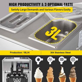VEVOR Commercial Soft Serve Ice Cream Maker 4.7 Gallon Per Hour Countertop Stainless Steel 3 Flavors Perfect for Restaurants Snack Bar supermarkets, 4.7 Gallon, Silver