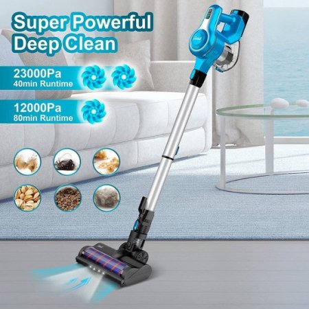 INSE Cordless Vacuum Cleaner with 2 Batteries, 10-in-1 Stick Vacuum Cleaner for Hardwood Floor Carpet Pet Hair Car Bed, 23Kpa 250W Brushless Motor, Lightweight Handheld, Blue