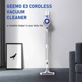 GeeMo Lightweight Stick Vacuum Cleaner, Quite Cordless Vacuum, with Battery Pack, Flexible Floor Brush, for Hard Floor, Carpet, White