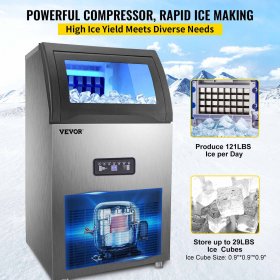 VEVOR 110V Commercial Ice Maker 120 lbs/24h, 530W Commercial Ice Machine with 29 lbs Storage Capacity, Stainless Steel Construction Ice Cube Making Machine, includes Water Filter and Connection Hose
