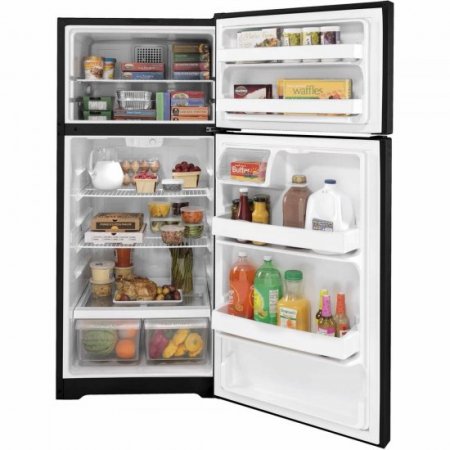 GE GTS17DTNRBB 28 Inch Black Freestanding Top Freezer Refrigerator, 16.63 cu. ft. Total Capacity, 3 Wire Shelves, 4.03 cu. ft. Freezer Capacity, Crisper Drawer, Frost Free Defrost, ADA Compliant