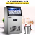 VEVOR Commercial Ice Maker 120lbs/24h Stainless Steel Commercial Ice Machine with 24lbs Storage Built-in 50 Pcs with 2 Water Inlet Modes Control Panel Blue Light Drain Pipe Filter Scoop